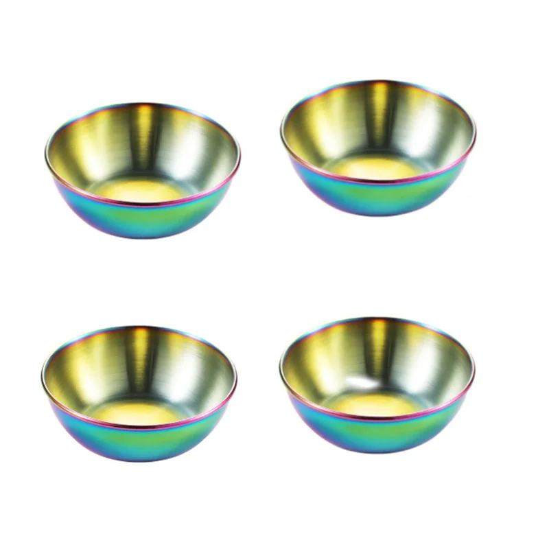 Four iridescent metal bowls on a white background