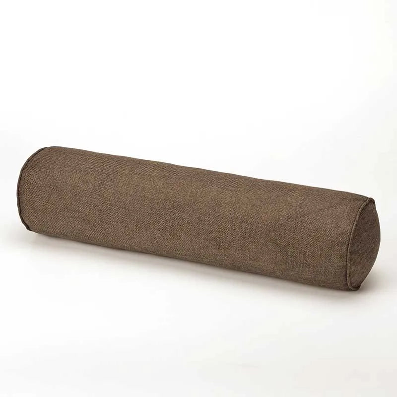 Coffe cylindrical fabric pillow on a white background