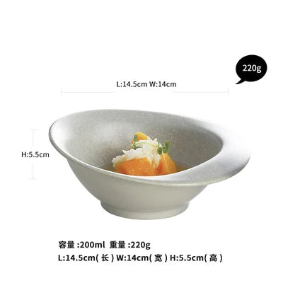 White ceramic bowl with food on a white background, showing dimensions: 14.5cm x 5.5cm x 14cm 220g