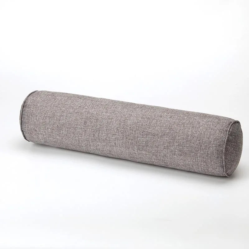 Gray cylindrical fabric pillow on a white background