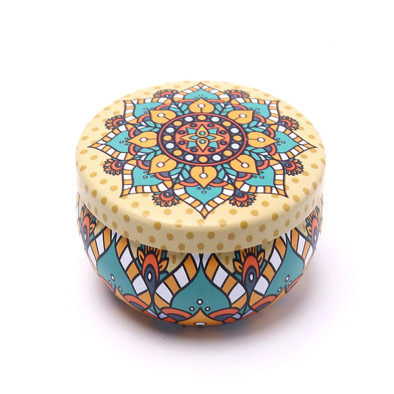 Colorful round container with mandala design on a white background