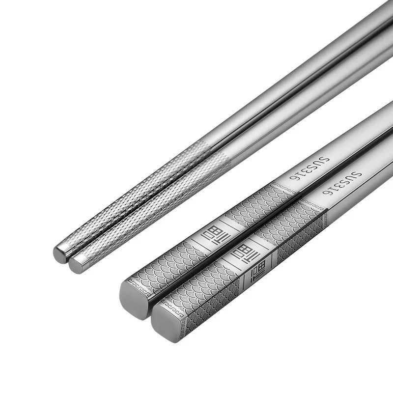 Pair of silver chopsticks with a brand logo on a white background