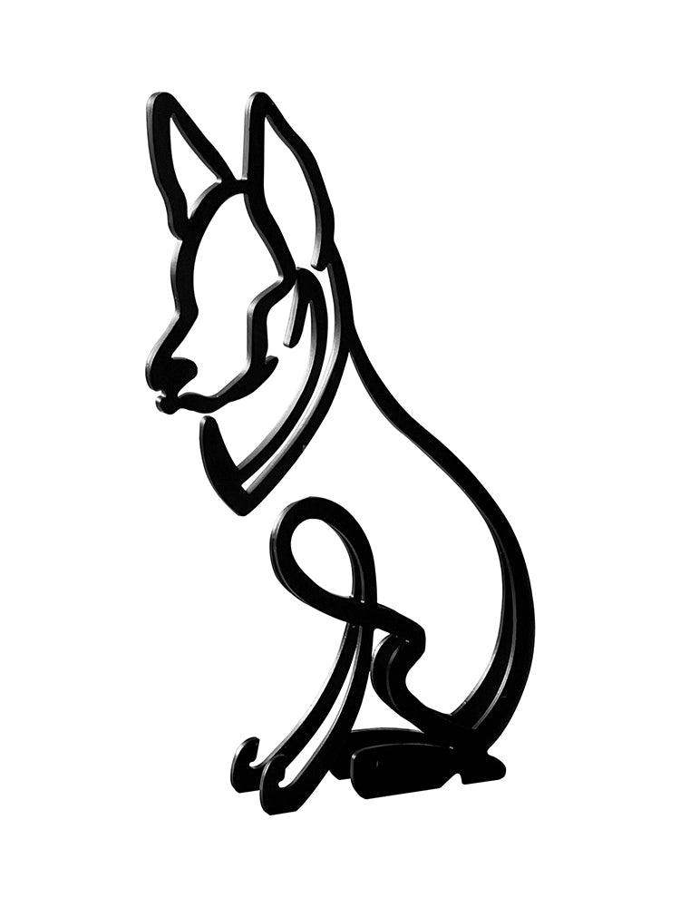 Black line drawing of a dog on a white background