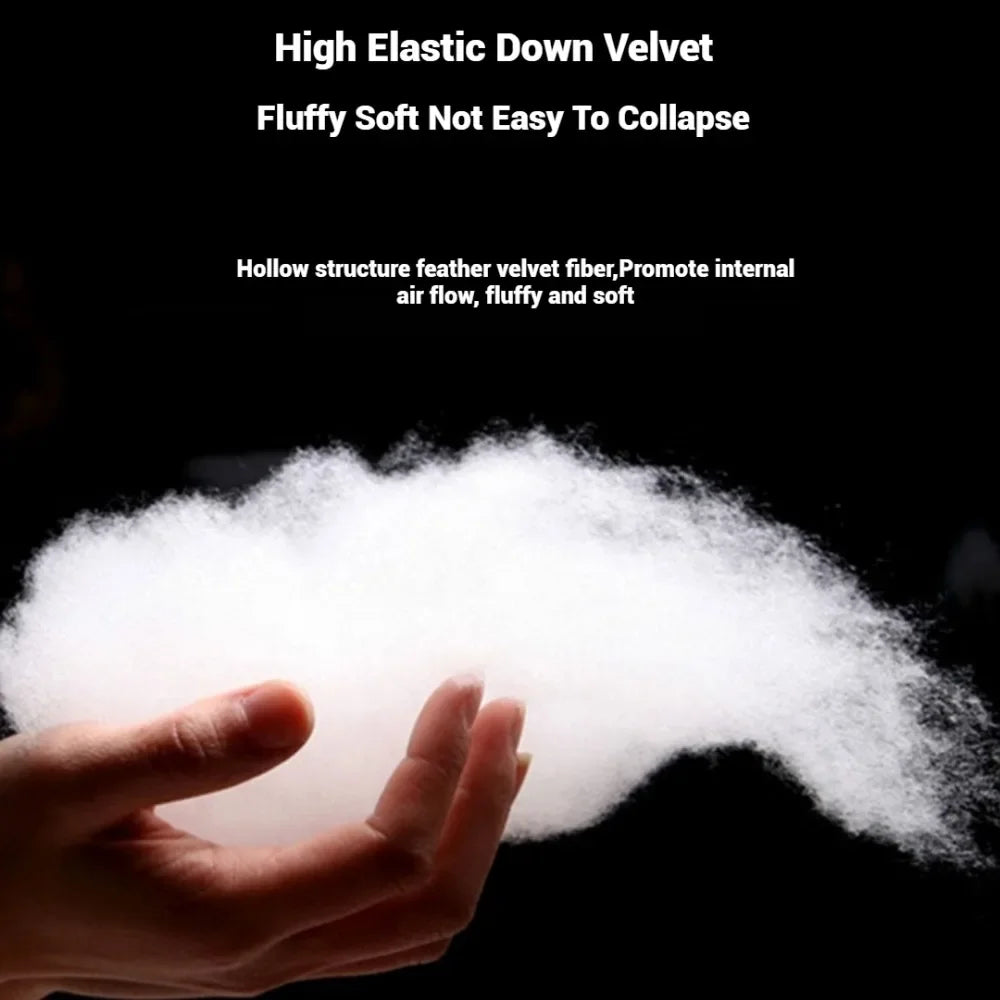 White fluffy material held in a hand with text describing its properties on a black background