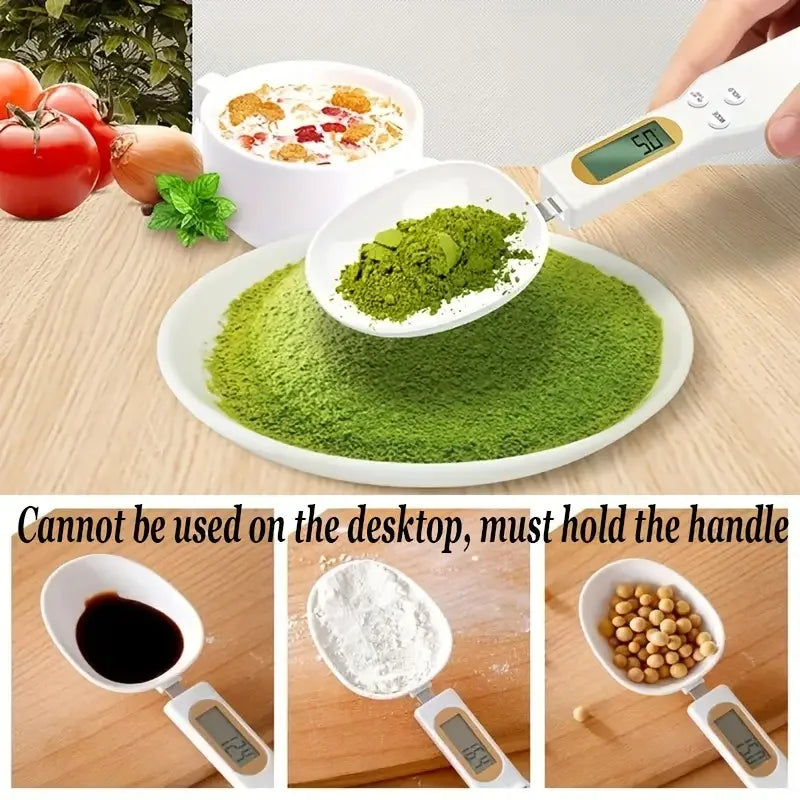 Digital kitchen scale measuring various ingredients on a wooden surface.