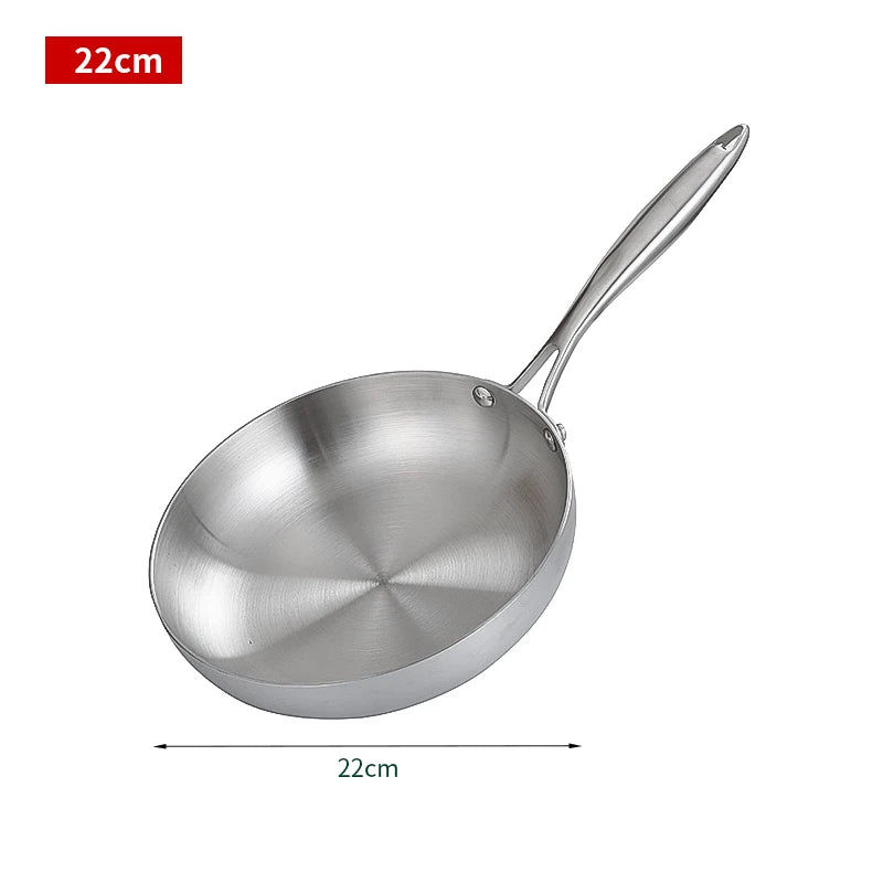 Stainless steel frying pan with handle on a white background, showing measurement '22cm'.