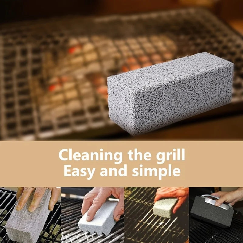 Barbecue cleaning tool with text 'Cleaning the grill Easy and simple' on a grill background