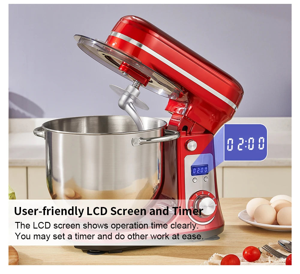 Red stand mixer with digital display on a kitchen counter