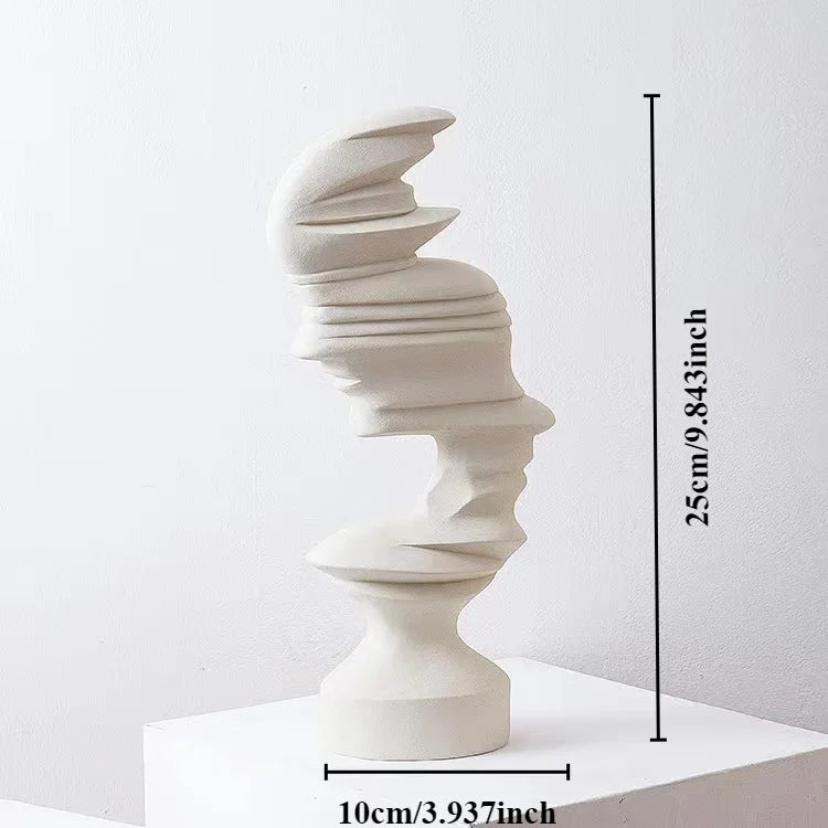 White abstract sculpture on a white pedestal with measurements: 10cm 3.937inches by 25cm or 9.843 
