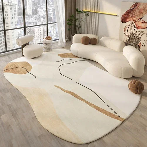 Modern living room with a decorative rug featuring abstract designs on a wooden floor.