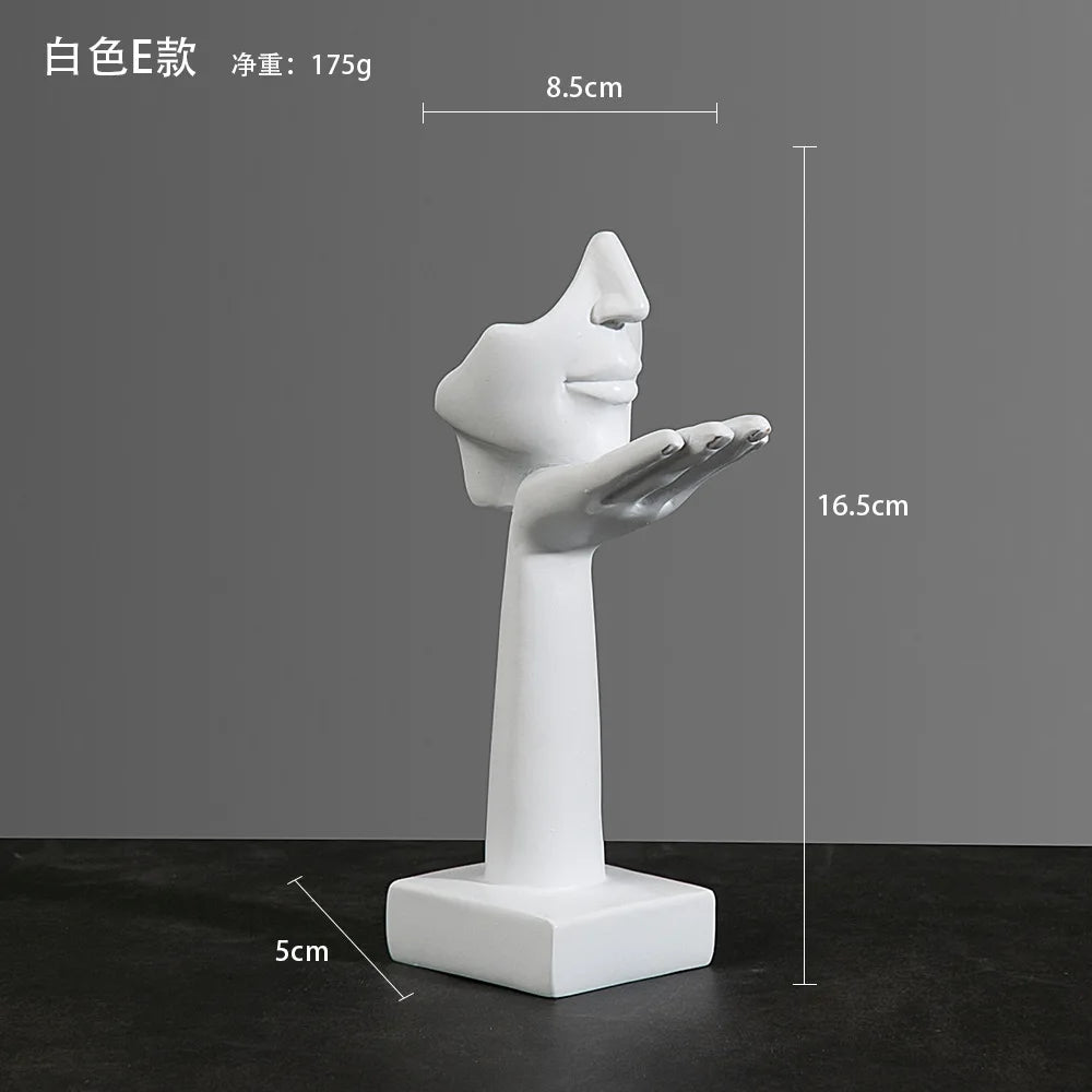 White abstract sculpture of a palm supporting a chin with dimensions:  5cm x 16.5cm x 8.5cm