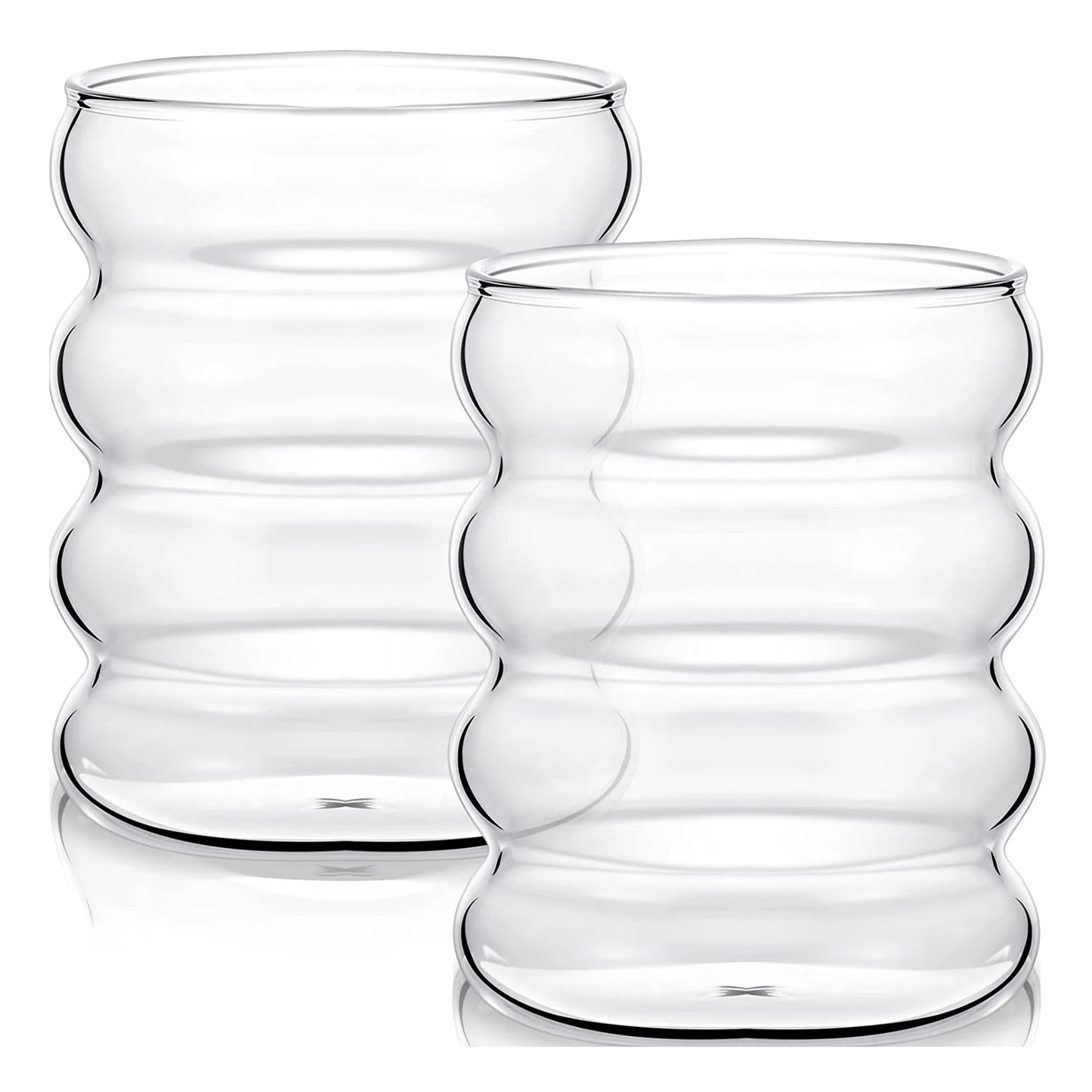 Two clear glass vases with a ribbed design on a white background