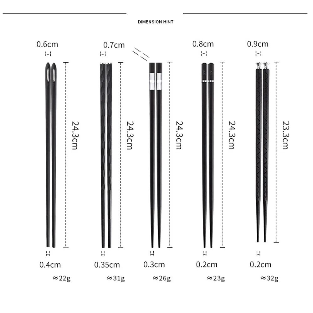 Five styles of black chopsticks with dimensions and weights: 
24.3 cm × 0.6/0.4 cm ≈22 g; 
24.3 cm × 0.7/0.35 cm ≈31 g; 
24.3 cm × 0.3 cm ≈26 g; 
24.3 cm × 0.8/0.2 cm ≈23 g; 
23.3 cm × 0.9/0.2 cm ≈32 g