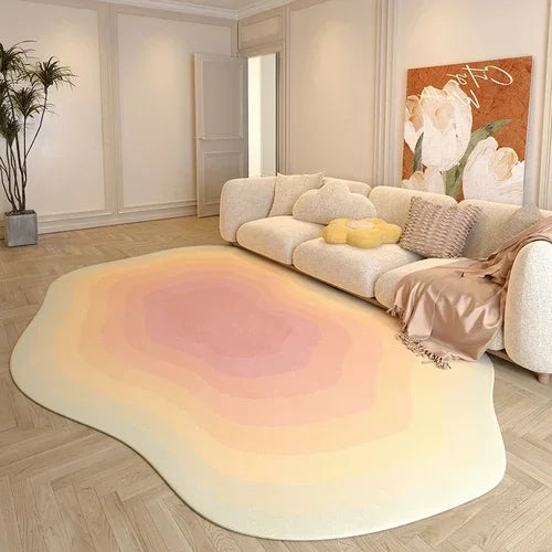 Modern living room with a large, cloud-shaped rug in the center.