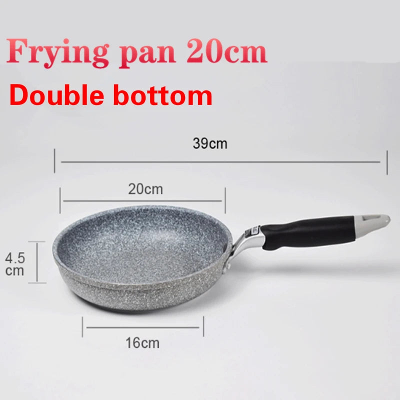 Gray speckled frying pan with black plastic handle (19cm) and stone bowl (16x20cm, 4.5cm height) on a white background