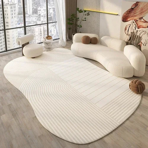 Modern living room with a white rug, sofa, and decorative items.