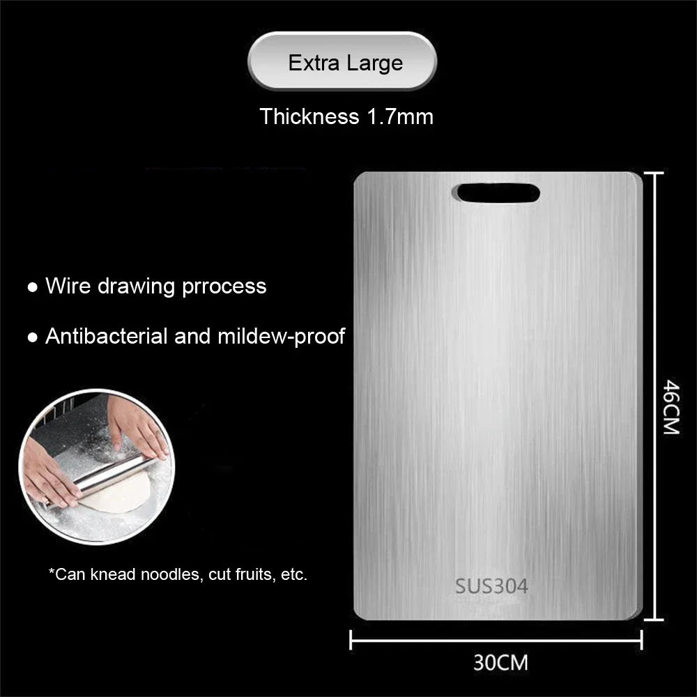 Stainless steel cutting board with dimensions: 46cm x 30cm, 1.7mm thickness. Features on a black background