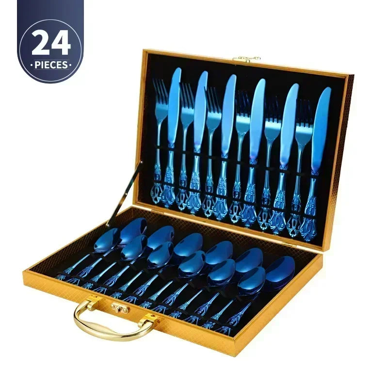 Set of 24 blue cutlery pieces in a wooden case with '24 Pieces' label.