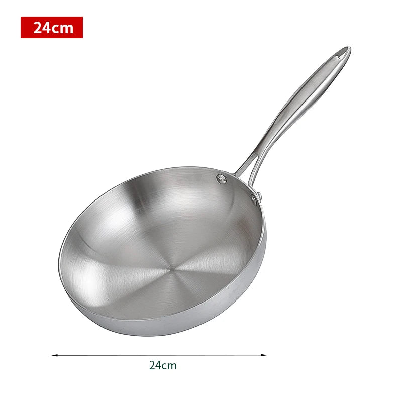 Stainless steel frying pan with handle on a white background, showing measurement '24cm'.