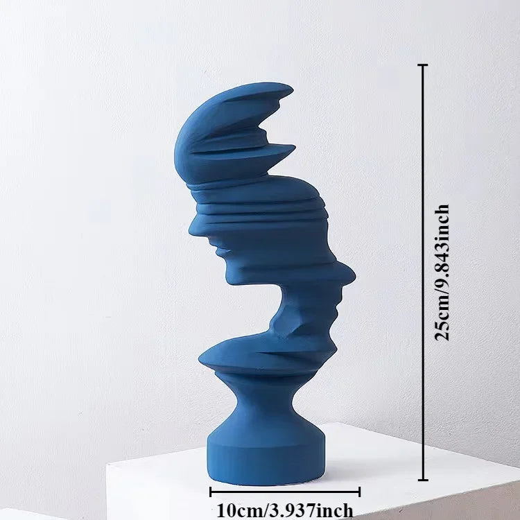 Blue abstract sculpture on a white pedestal with measurements: 10cm 3.937inches by 25cm or 9.843 