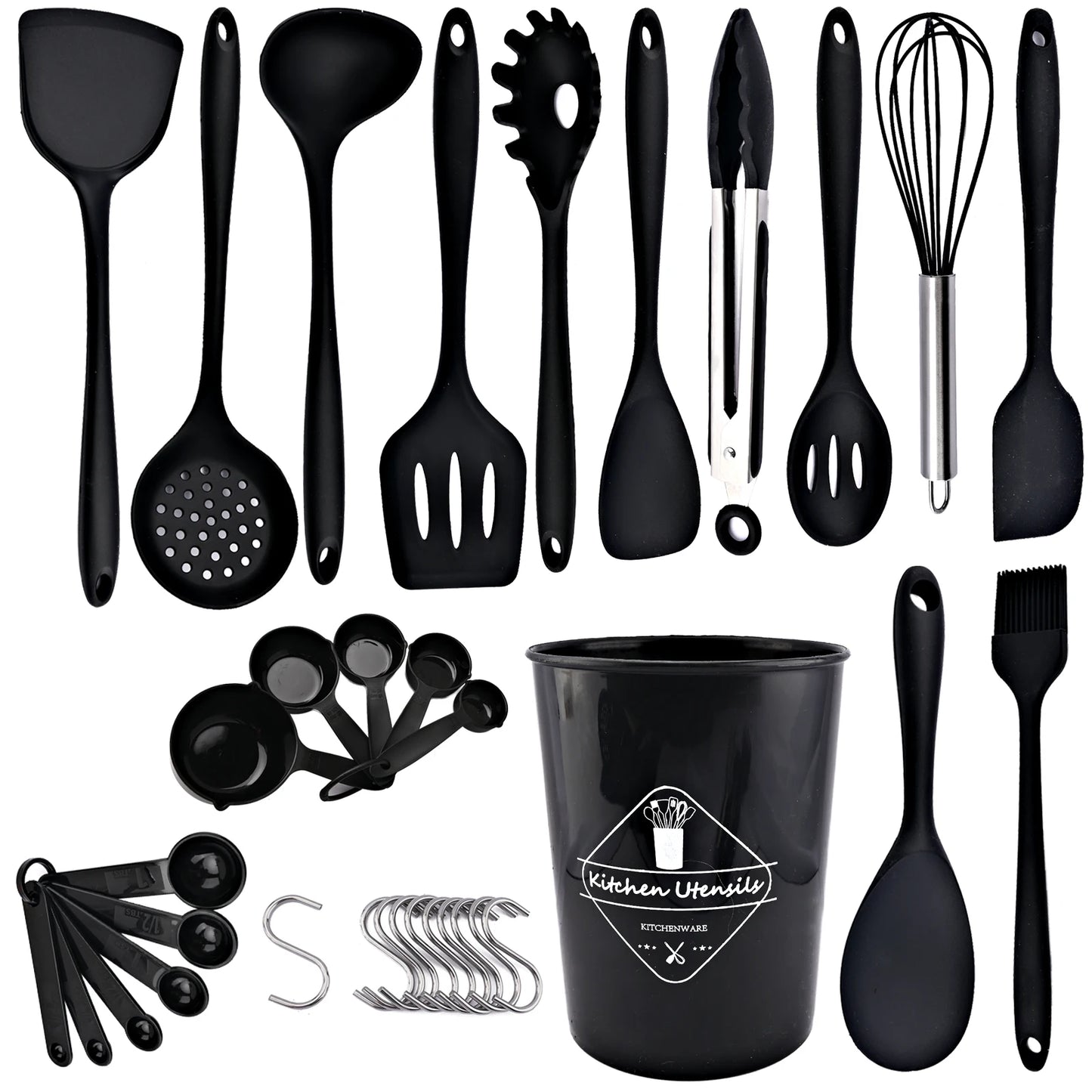 Set of black kitchen utensils including spatulas, spoons, and measuring cups on a white background.