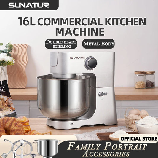Sunatur 16L commercial kitchen machine with metal body and double blade stirring feature on a kitchen counter.