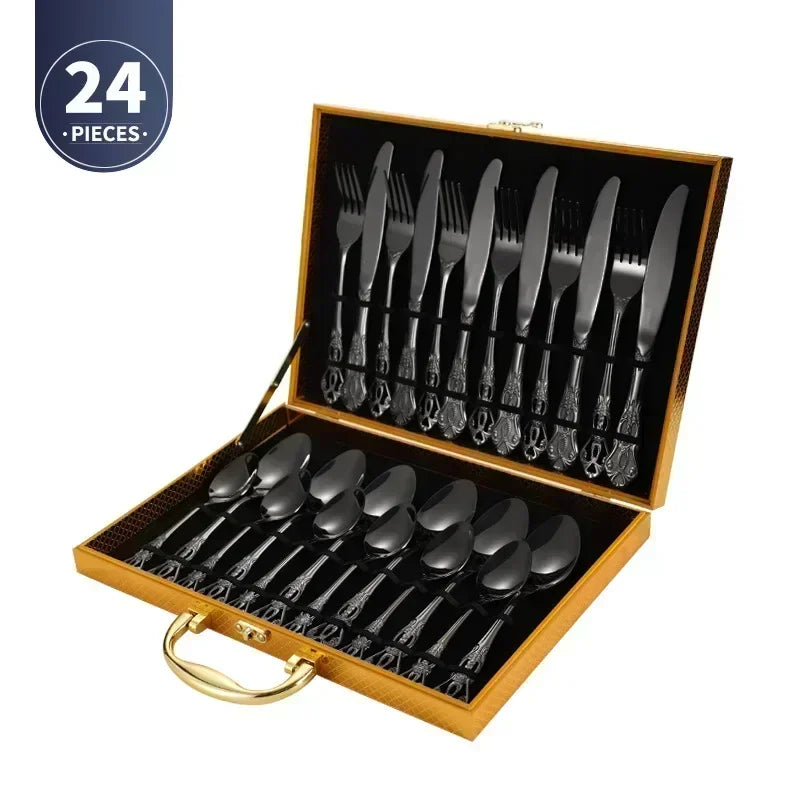 24-piece silverware set in a wooden case with '24 Pieces' label.