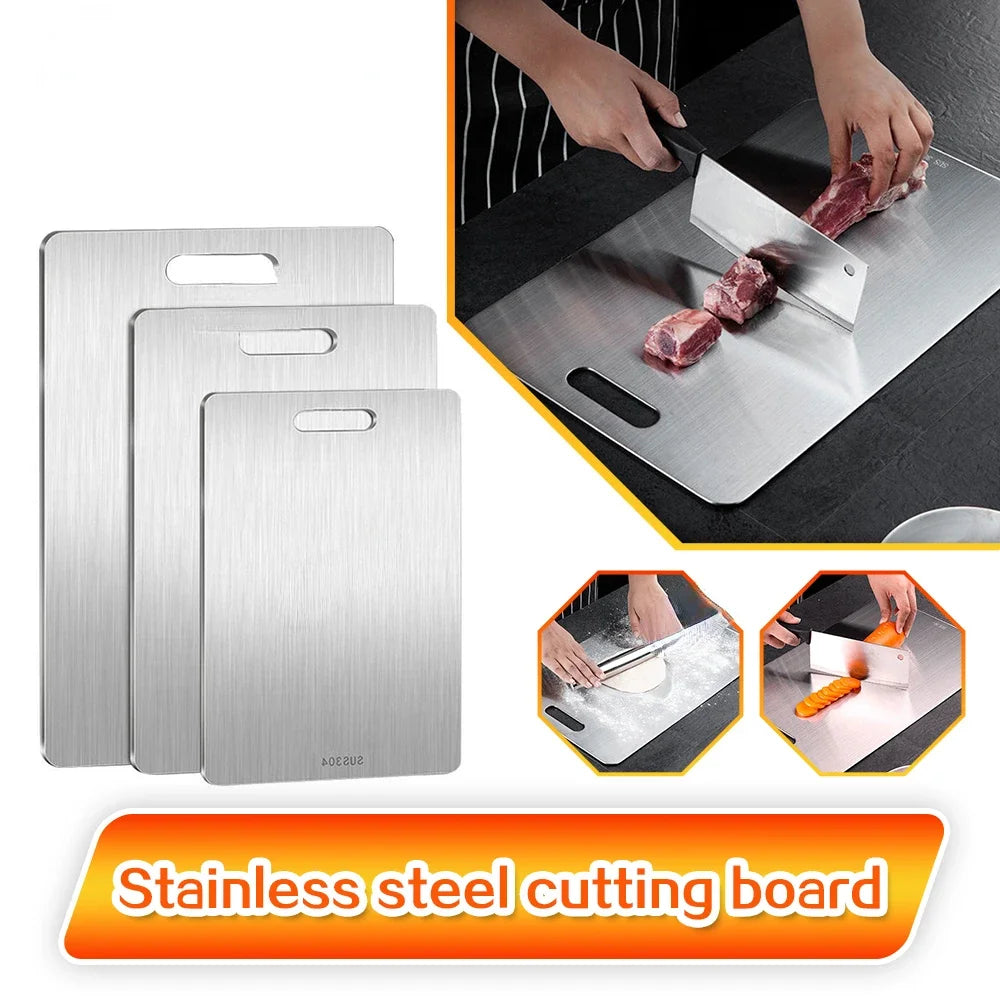 Stainless steel cutting board with images of hands using it to cut meat.