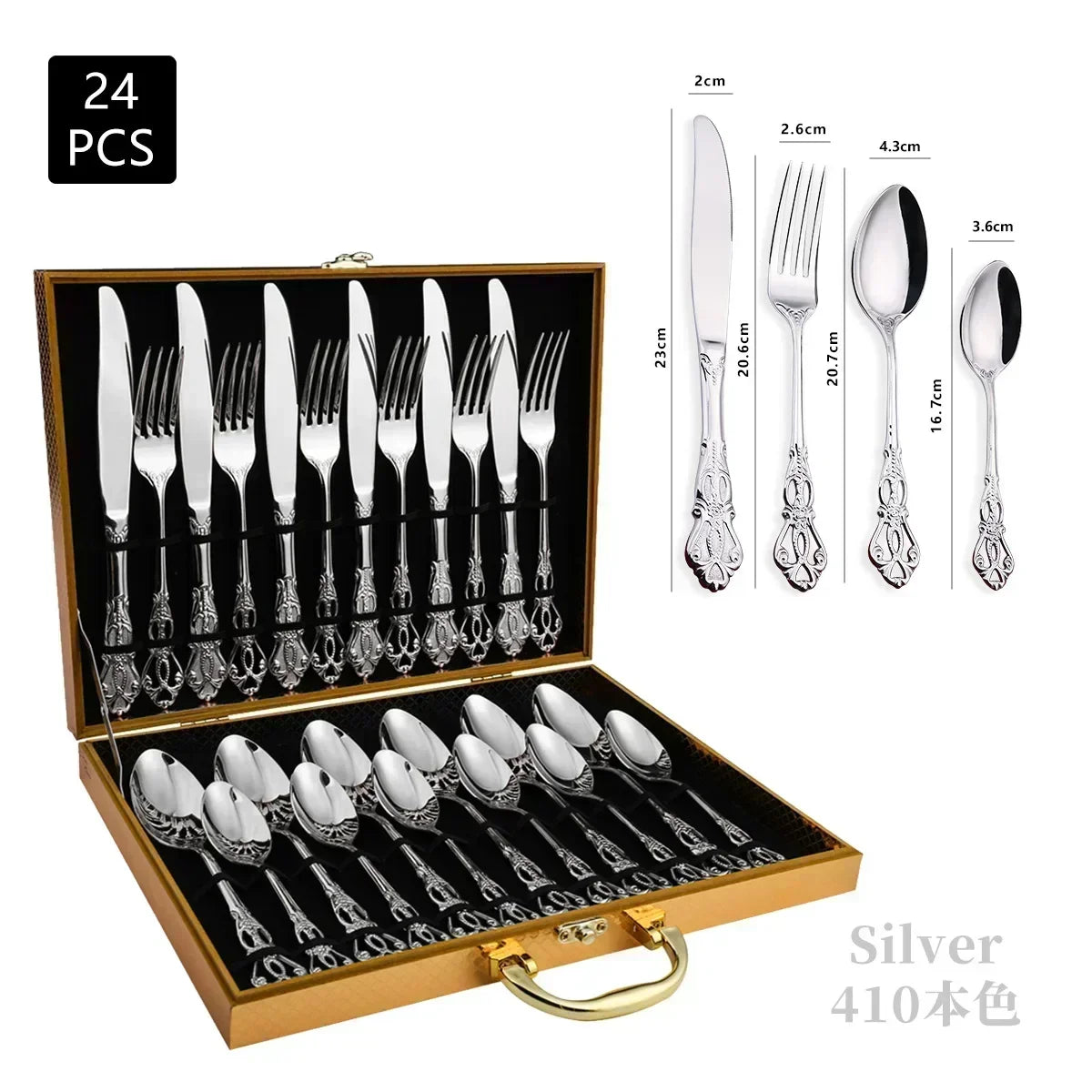 24-piece silver cutlery set in a wooden case with measurements of individual utensils.