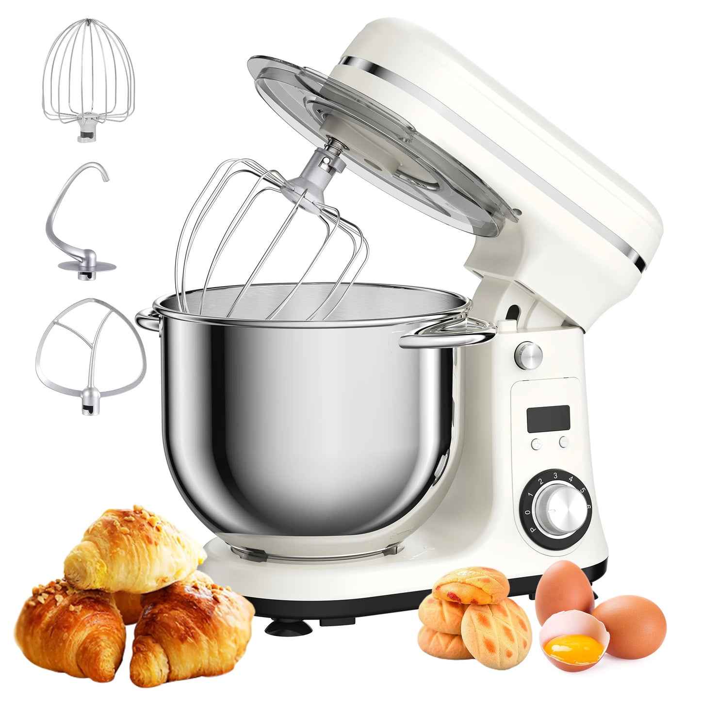 White stand mixer with attachments and baked goods on a white background