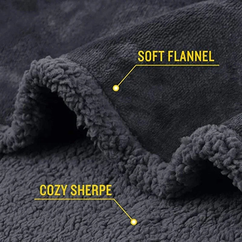 Dark gray flannel fabric with 'Soft Flannel' and 'Cozy Sherpe' text labels.