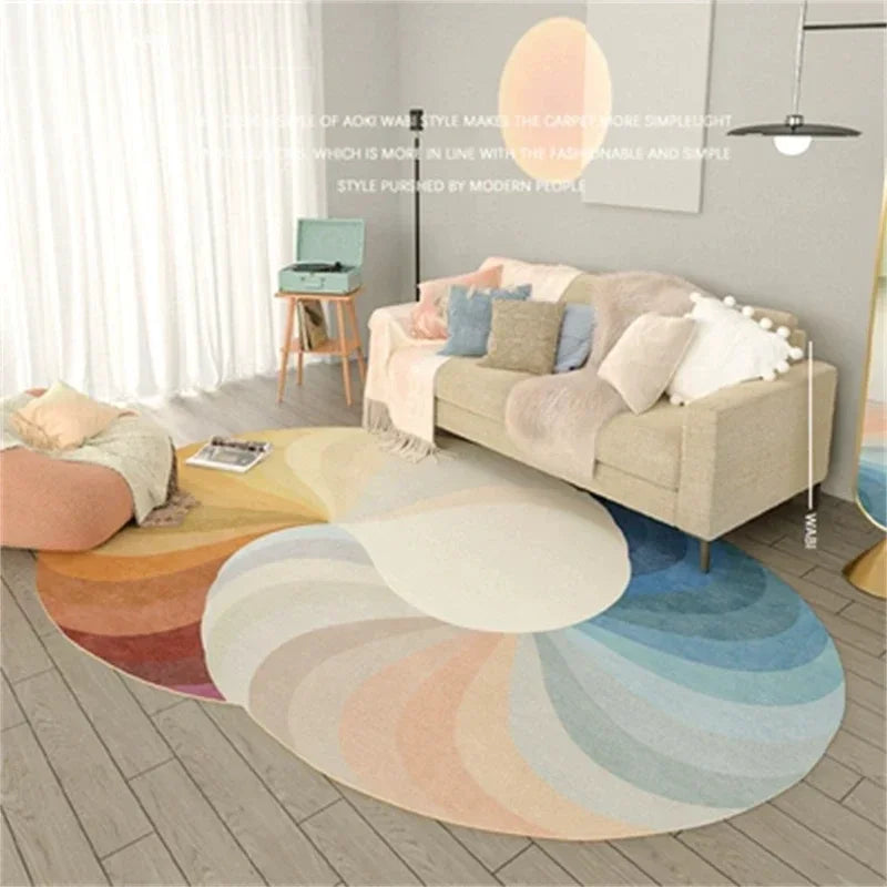 Round multicolored rug in a living room setting with a sofa and coffee table.