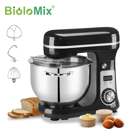 Black stand mixer with stainless steel bowl and attachments on a white background, featuring the BioloMix brand.