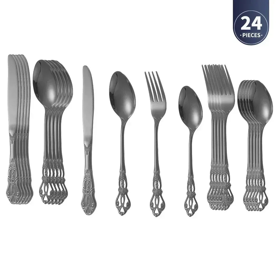 Set of silver cutlery including spoons, forks, and knives on a white background with '24 Pieces' label.