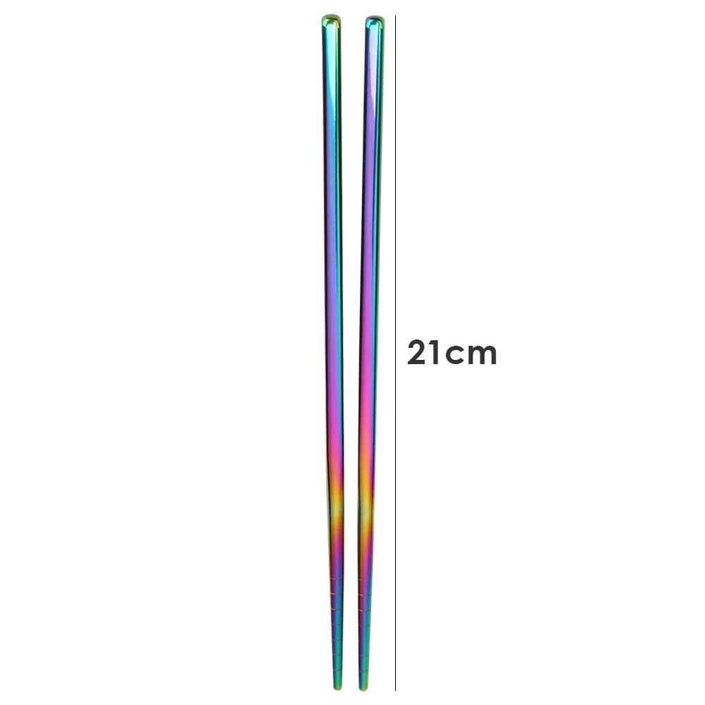 Pair of iridescent chopsticks with a measurement label indicating 21cm on a white background.