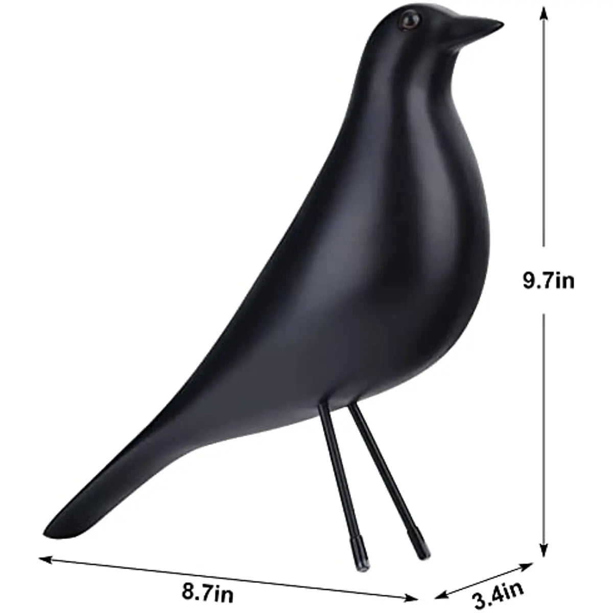 Black bird-shaped object with dimensions: 8.7 inches by 3.4 inches base, 9.7 inches height