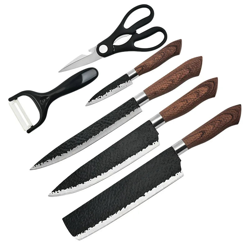 Set of 4 knives (Chopping, Chef, Slicing and Fruit) with wooden handles, peeler and a pair of scissors on a white background