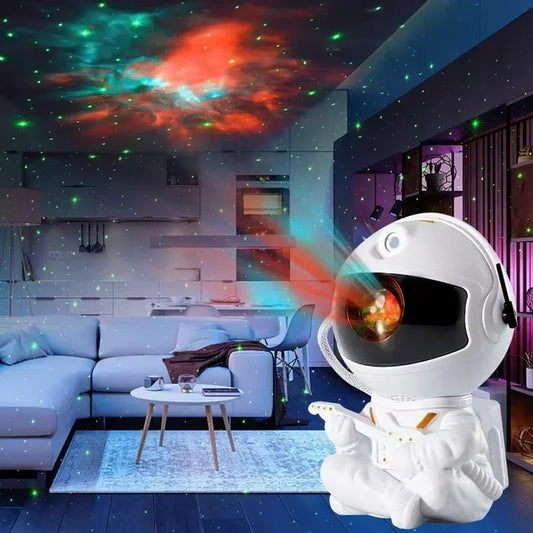 A decorative astronaut figure projecting colorful lights into a living room.