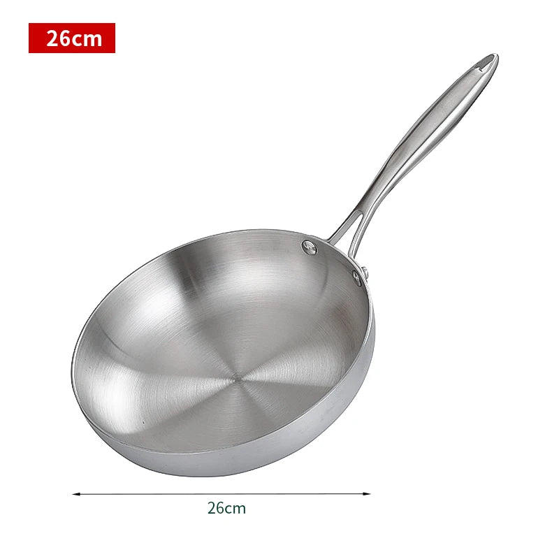 Stainless steel frying pan with a handle on a white background, showing measurement '26cm'.
