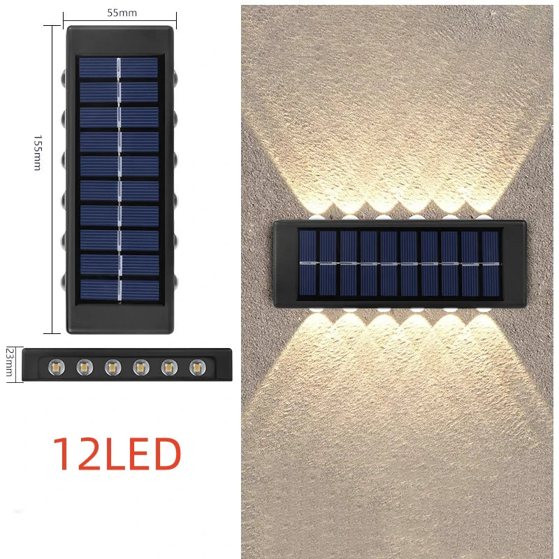 Solar wall light with dimensions: 55mm x 155mm, 23mm height. LED count on a white background