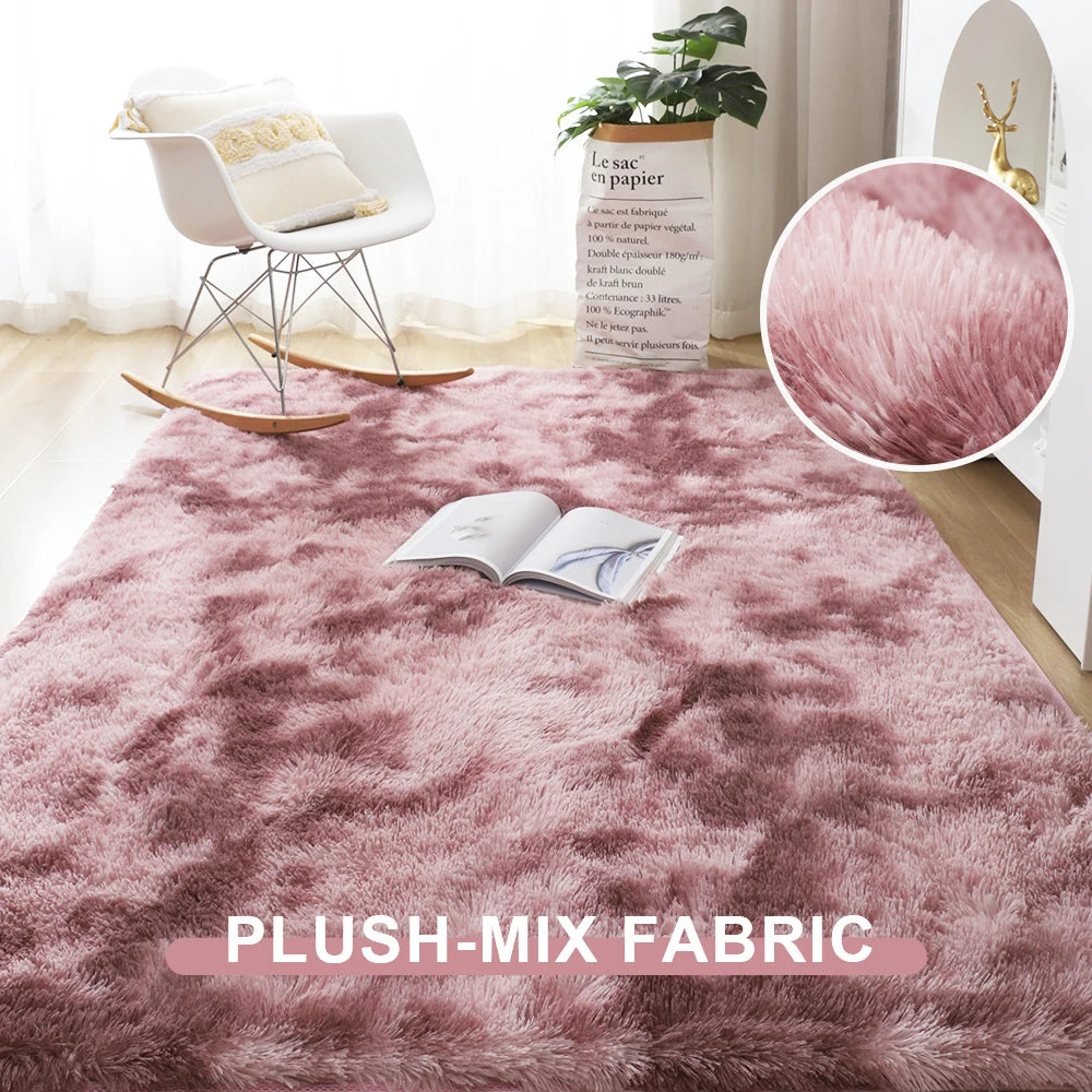 Pink plush-mix rug with a close-up of the fabric texture, placed in a room with a chair and plant.