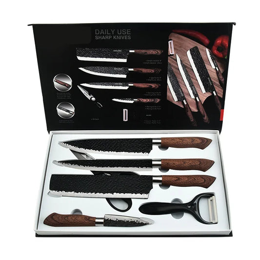 Set of sharp knives with wooden handles in a black box labeled 'Daily Use Sharp Knives'.