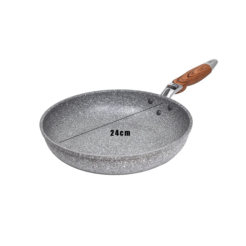 Gray speckled frying pan with wooden handle and measurement of 24cm diameter