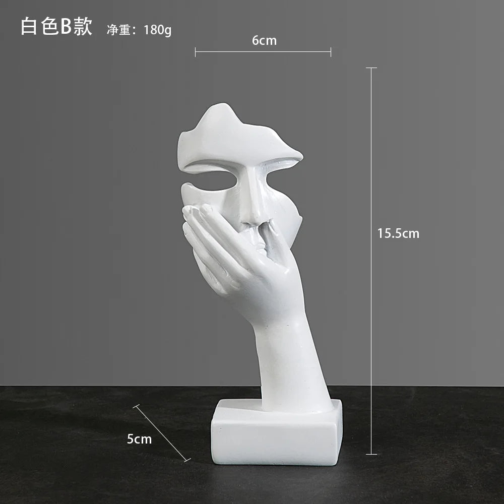 White sculpture of its hand covering  its mouth with dimensions:  5cm x 15.5cm x 6cm