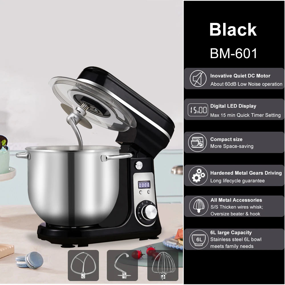 Black stand mixer with stainless steel bowl on a light background, featuring product details.