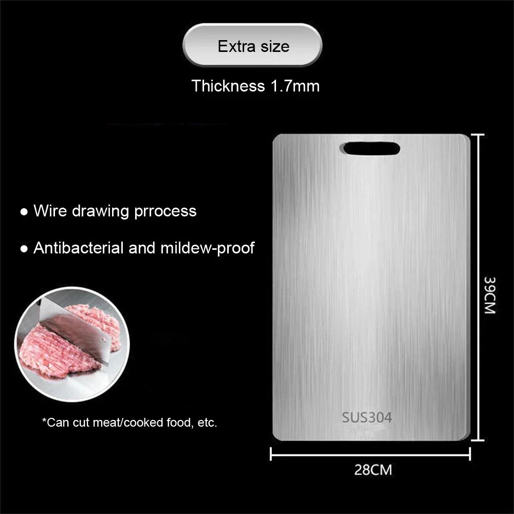 Stainless steel cutting board with dimensions: 39cm x 28cm, 1.7mm thickness. Features on a black background