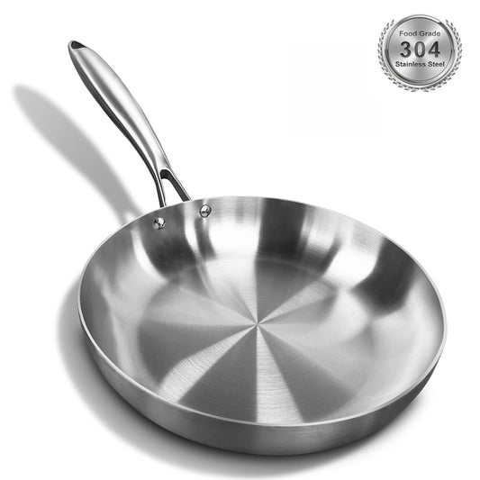 Stainless steel frying pan with food-grade 304 stainless steel label.