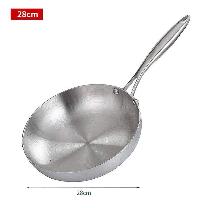 Stainless steel frying pan with handle on a white background, showing measurement of 28cm.