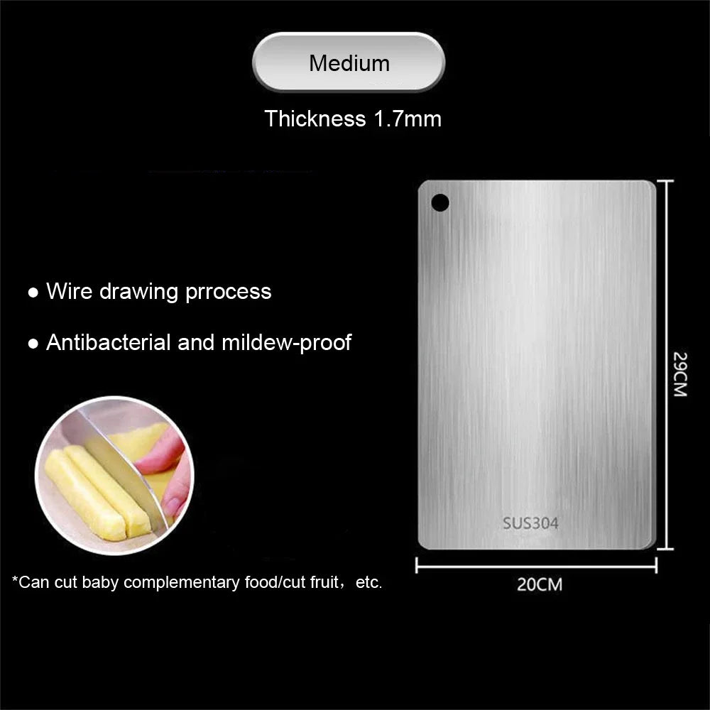 Stainless steel cutting board with dimensions: 20cm x 29cm, 1.7mm thickness. Features on a black background