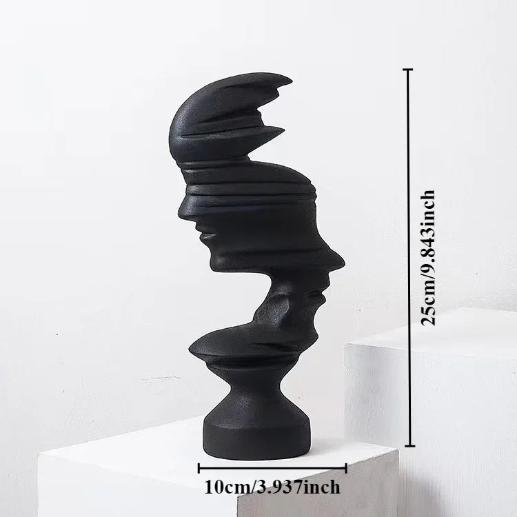 Black abstract sculpture on a white pedestal with measurements: 10cm 3.937inches by 25cm or 9.843 